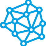 A blue geometric network consisting of interconnected circles and straight lines, forming a complex web-like structure on a white background.