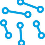 A blue abstract network diagram showing eight circles connected by straight lines in different directions on a white background.