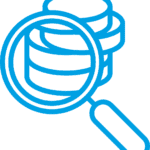 Blue line drawing of a magnifying glass positioned over a judge's gavel, symbolizing investigation or scrutiny in legal matters.
