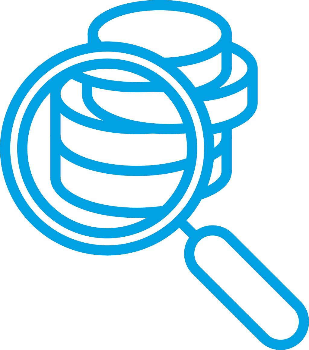Blue line drawing of a magnifying glass positioned over a judge's gavel, symbolizing investigation or scrutiny in legal matters.
