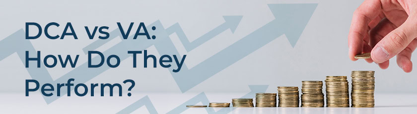 A hand stacks coins in ascending order next to the text "DCA vs VA: How Do They Perform?" with upward-pointing arrows in the background.