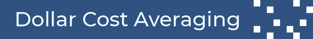 Text reads "Dollar Cost Averaging" on a blue background with a pattern of small white squares on the right side.