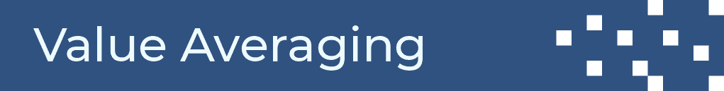 White text "Value Averaging" on a blue background with a pattern of white squares on the right side.