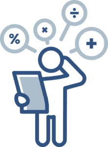 A stick figure holding a paper looks puzzled, with math symbols (percentage, multiplication, division, and addition) floating above its head in speech bubbles.