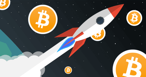 Illustration of a rocket launching into space surrounded by floating Bitcoin symbols against a dark starry background.
