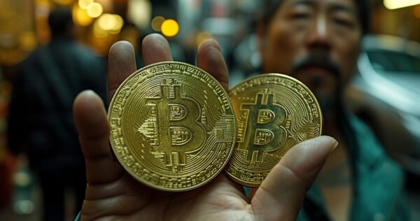 A person holds two large gold-colored coins with the Bitcoin symbol in an urban outdoor setting.