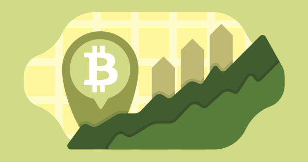 Illustration of a Bitcoin symbol on a map marker beside an upward trending chart and bar graph, suggesting increasing value or growth.