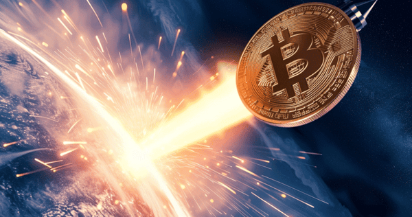 A large Bitcoin coin illustrated as a rocket, appearing to launch from Earth with a trail of fiery sparks and light.