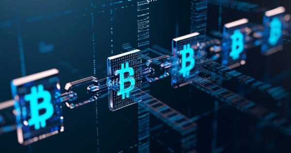 A digital illustration shows interconnected blocks with bitcoin symbols, representing blockchain technology and cryptocurrency networks.
