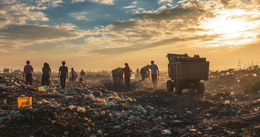People walk and work among piles of garbage at a large landfill site during sunset, with carts and scattered plastic waste visible in the scene.