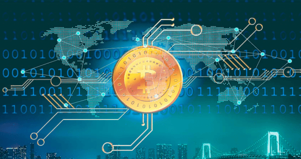 A digital coin with currency symbols is centered over a binary code world map, with circuit lines connecting global locations, suggesting digital or cryptocurrency concepts.