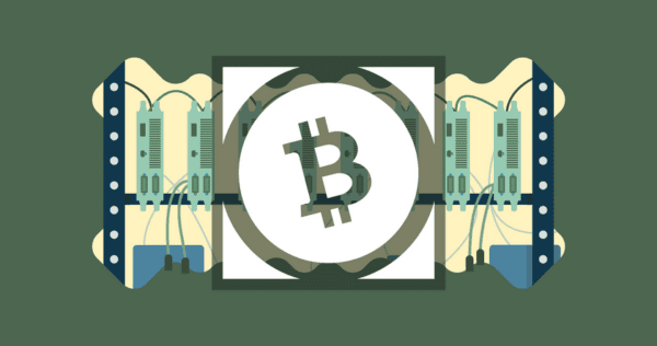Illustration of the Bitcoin symbol centered over computer hardware, representing cryptocurrency mining or blockchain technology.