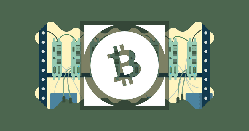 Illustration of the Bitcoin symbol centered over computer hardware, representing cryptocurrency mining or blockchain technology.