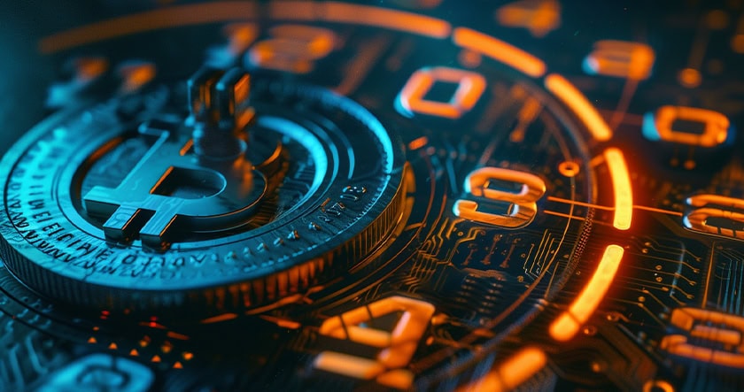 A close-up image of a metallic Bitcoin symbol on a circuit board, surrounded by illuminated orange digital numbers and lines.