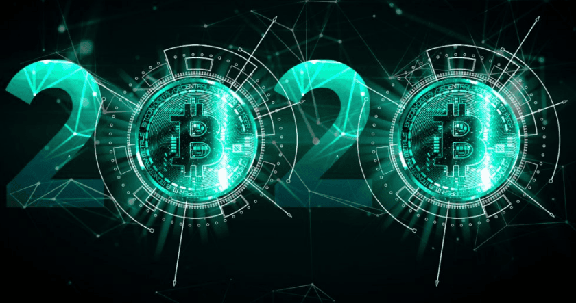 The image shows "2020" with the zeros replaced by glowing digital Bitcoin symbols on a dark, futuristic background.