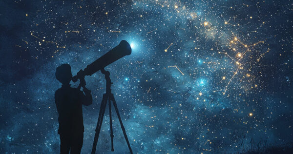 Silhouette of a person using a telescope under a star-filled night sky with visible constellations and cosmic lights.
