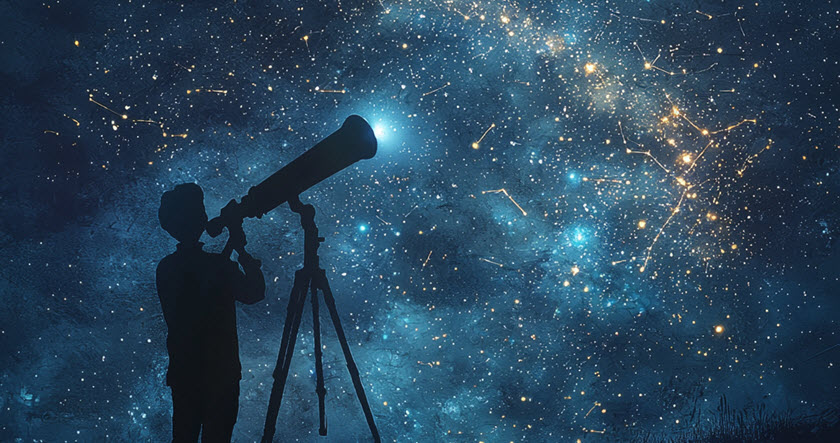 Silhouette of a person using a telescope under a star-filled night sky with visible constellations and cosmic lights.