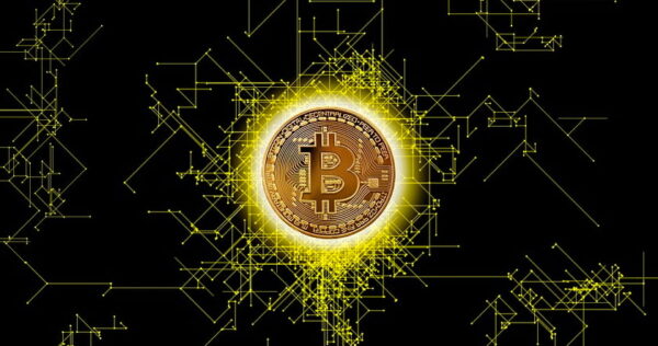 A gold Bitcoin coin is shown at the center with a glowing effect, surrounded by yellow digital circuit lines on a black background.