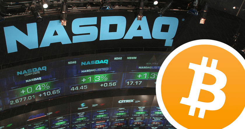 Large NASDAQ display board with stock data in the background, overlaid by a prominent orange Bitcoin symbol in the lower right corner.