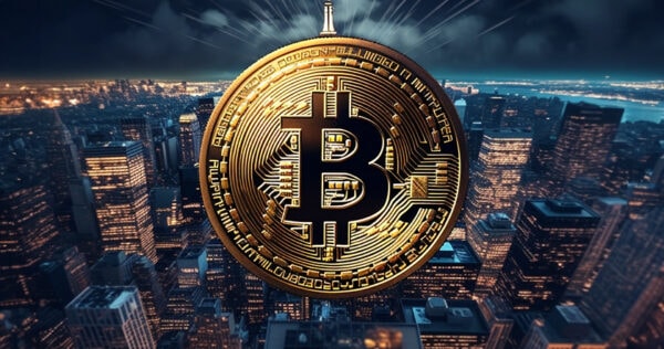 A large gold Bitcoin symbol hovers above a city skyline at night, with skyscrapers and lights visible below.