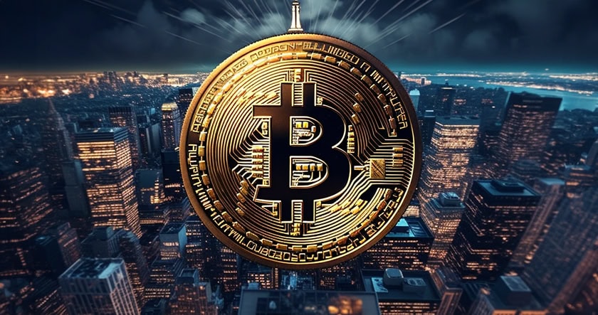 A large gold Bitcoin symbol hovers above a city skyline at night, with skyscrapers and lights visible below.