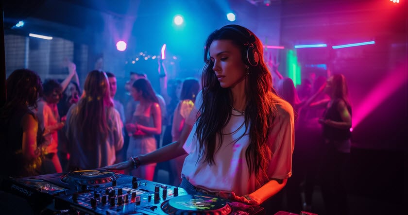 A female DJ wearing headphones mixes music at a DJ booth in a lively, colorful nightclub with people dancing in the background.