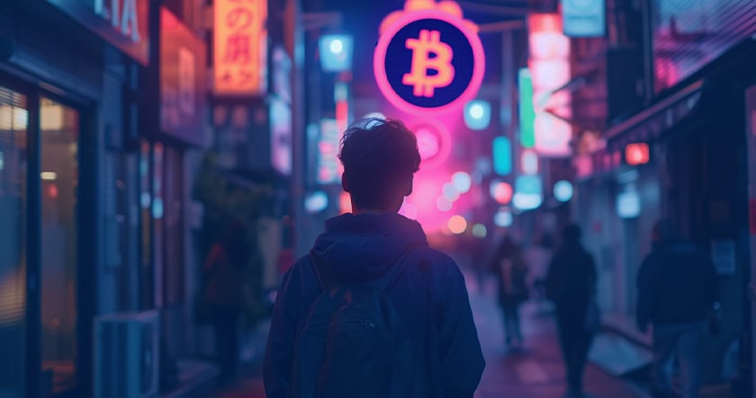 A person with a backpack walks through a neon-lit street at night, with a prominent glowing Bitcoin sign overhead among various shop signs.