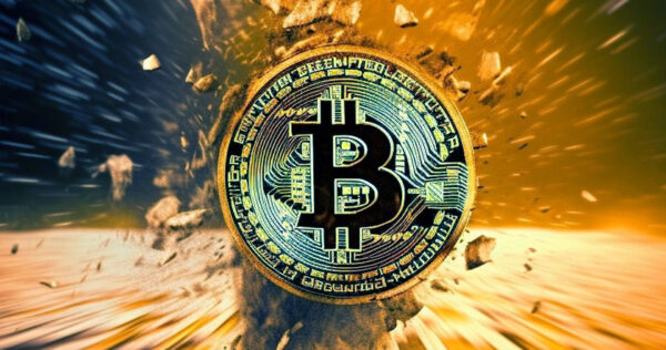 A gold Bitcoin coin appears to explode through a surface, with debris and light radiating around it.