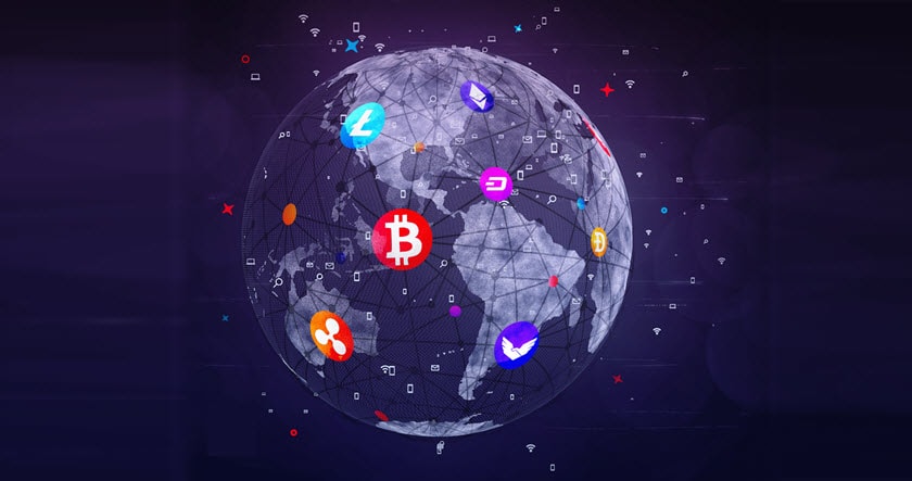A digital globe with cryptocurrency symbols, including Bitcoin and Litecoin, connected by network lines against a dark background.