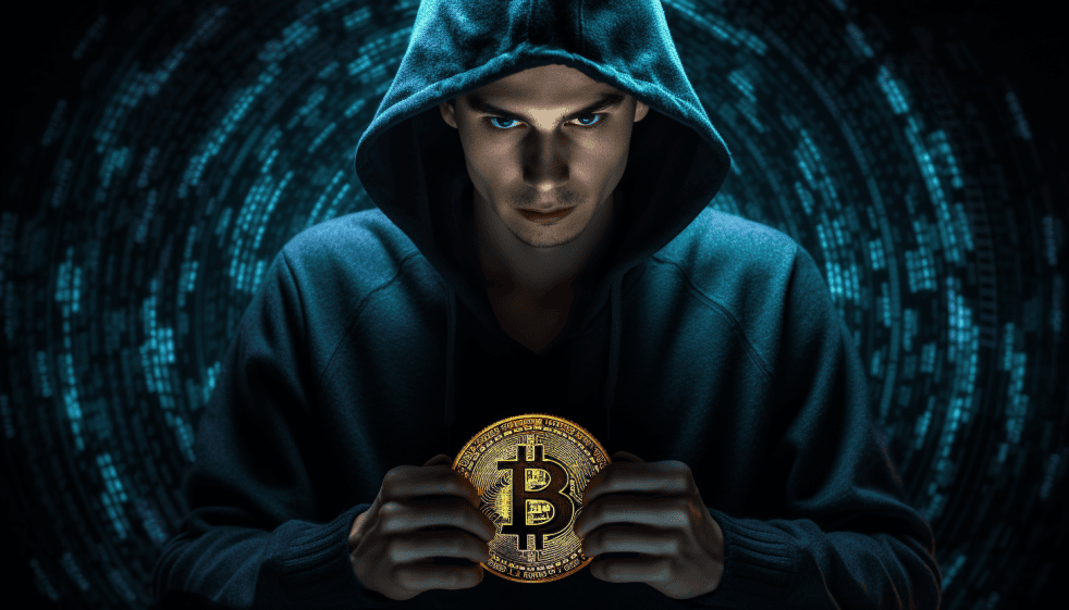 A person in a hooded sweatshirt holds a large Bitcoin symbol, with a digital matrix-like background suggesting cybersecurity or cryptocurrency themes.