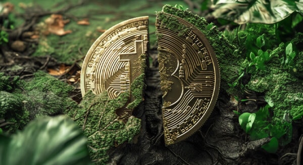 A large gold Bitcoin coin split in half, partially covered with moss and surrounded by green plants in a forest setting.