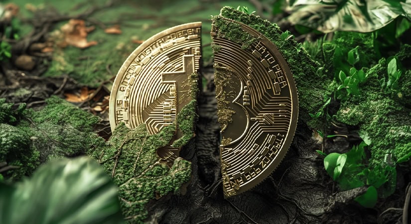 A large gold Bitcoin coin split in half, partially covered with moss and surrounded by green plants in a forest setting.