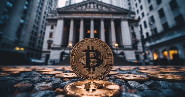 Gold Bitcoin coins displayed in front of a large classical financial building, symbolizing the intersection of cryptocurrency and traditional finance.