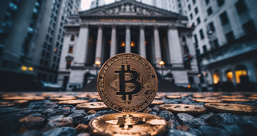 Gold Bitcoin coins displayed in front of a large classical financial building, symbolizing the intersection of cryptocurrency and traditional finance.