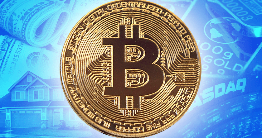 A gold Bitcoin coin is centered over a blue collage featuring US dollars, a house, gold bars, and the NASDAQ logo.