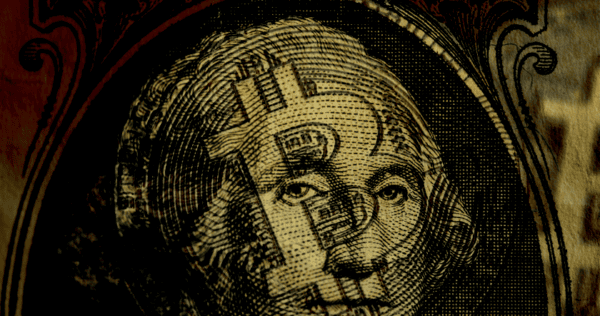 Close-up of a U.S. dollar bill portrait with a Bitcoin symbol digitally superimposed over the face.