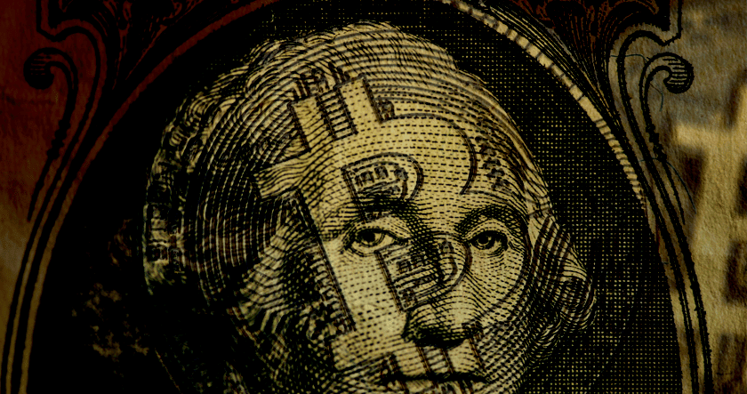 Close-up of a U.S. dollar bill portrait with a Bitcoin symbol digitally superimposed over the face.