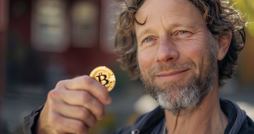 A smiling man with curly hair and a beard holds up a gold Bitcoin coin, displaying it toward the camera. The background is softly blurred, focusing on his face and the coin.