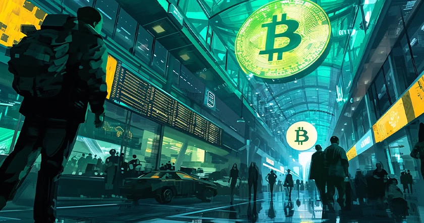 People walk through a futuristic cityscape with large Bitcoin symbols displayed on digital screens and billboards overhead.
