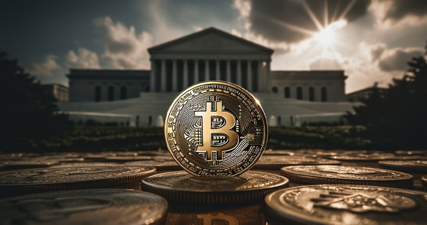 A gold Bitcoin coin stands upright among other coins in front of a large, classical government building under a cloudy sky with sunlight breaking through.
