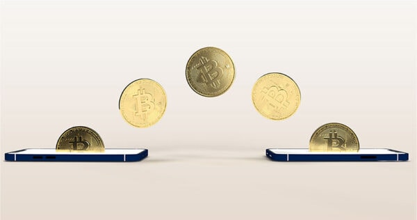Digital illustration of Bitcoin coins appearing to transfer between two smartphones, representing cryptocurrency transactions or mobile Bitcoin exchange.