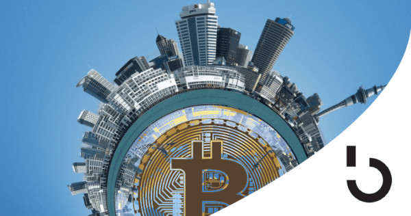 A circular city skyline sits above a large Bitcoin symbol, with a curved white design and a partial black logo in the lower right corner.