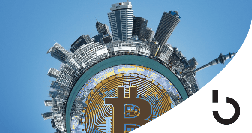A circular city skyline sits above a large Bitcoin symbol, with a curved white design and a partial black logo in the lower right corner.