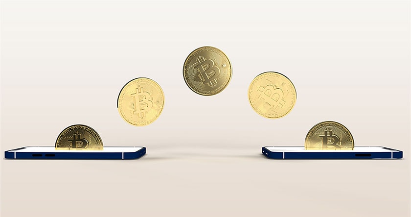 Digital illustration of Bitcoin coins appearing to transfer between two smartphones, representing cryptocurrency transactions or mobile Bitcoin exchange.