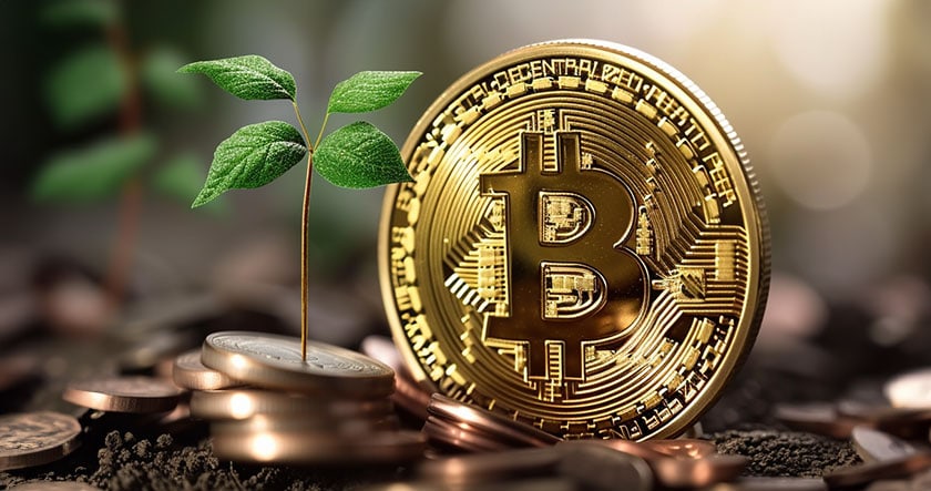 A gold Bitcoin coin stands upright among small coins and soil, next to a young green plant sprout.