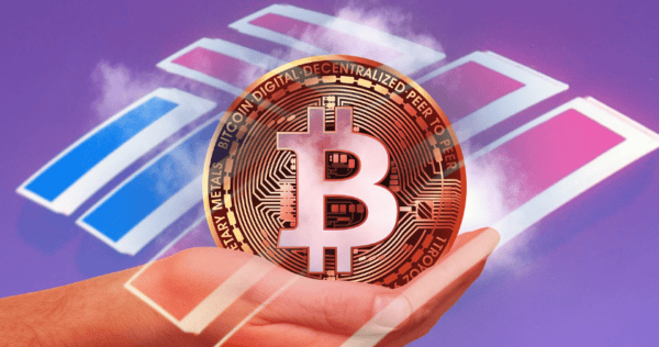 A hand holds a large Bitcoin coin, with the Bank of America logo in the background on a purple gradient.