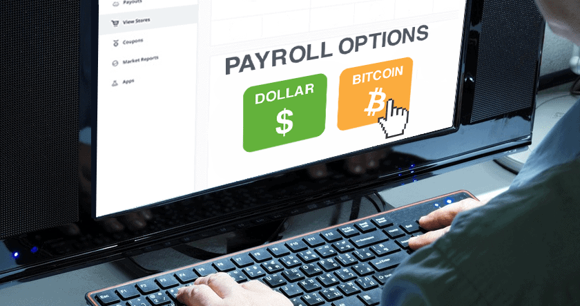 A person selects between dollar and bitcoin payroll options on a computer screen, with a cursor hovering over the bitcoin option.