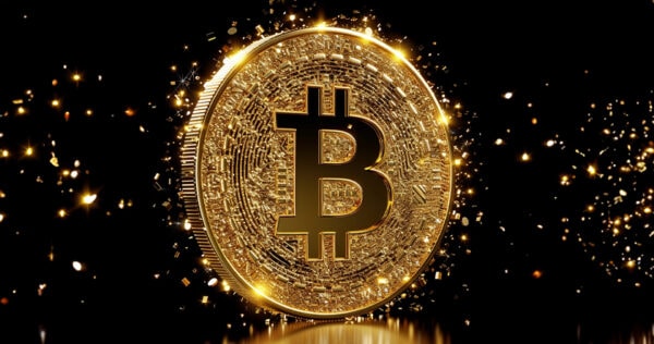 A shiny gold coin with the Bitcoin symbol stands upright on a dark background, surrounded by sparkling light effects.