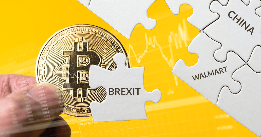 A hand places a puzzle piece labeled "BREXIT" next to pieces labeled "CHINA" and "WALMART," over a Bitcoin coin and a financial graph.