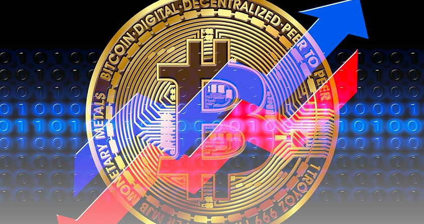 A golden bitcoin coin with binary code background and red and blue arrows pointing in opposite directions, symbolizing market fluctuations.